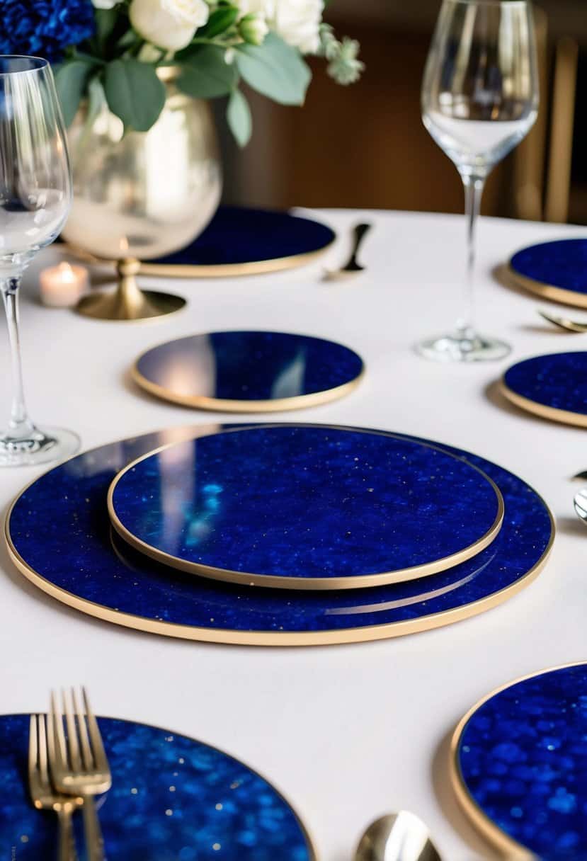 Dark blue lapis lazuli coasters arranged on a wedding table with elegant decor