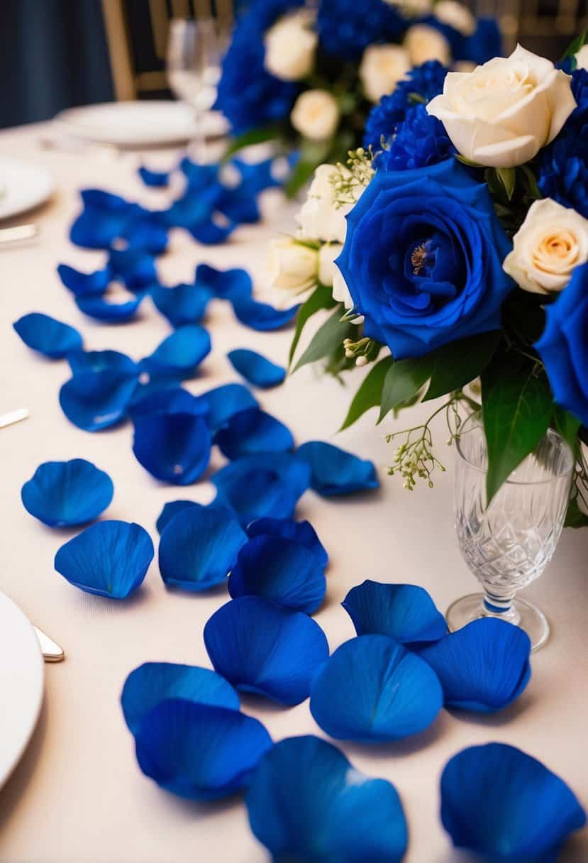 A table adorned with deep blue silk flower petals, creating an elegant and romantic atmosphere for a wedding celebration