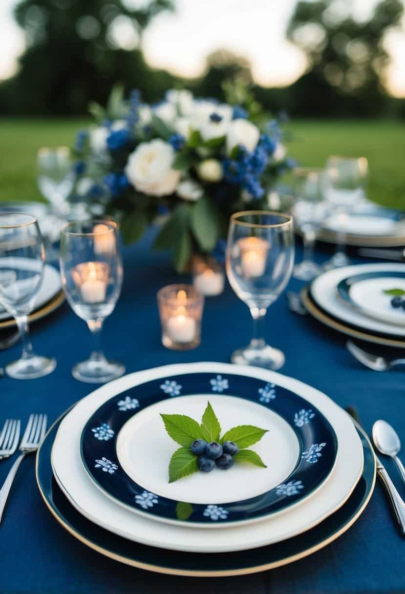 Dark blue china plates with a delicate blueberry pattern arranged on a wedding table