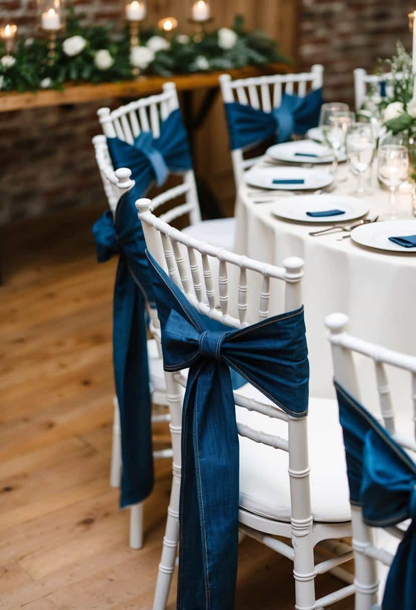 Dark blue denim chair sashes tied around white wedding reception chairs, with matching table decorations in a rustic, elegant setting