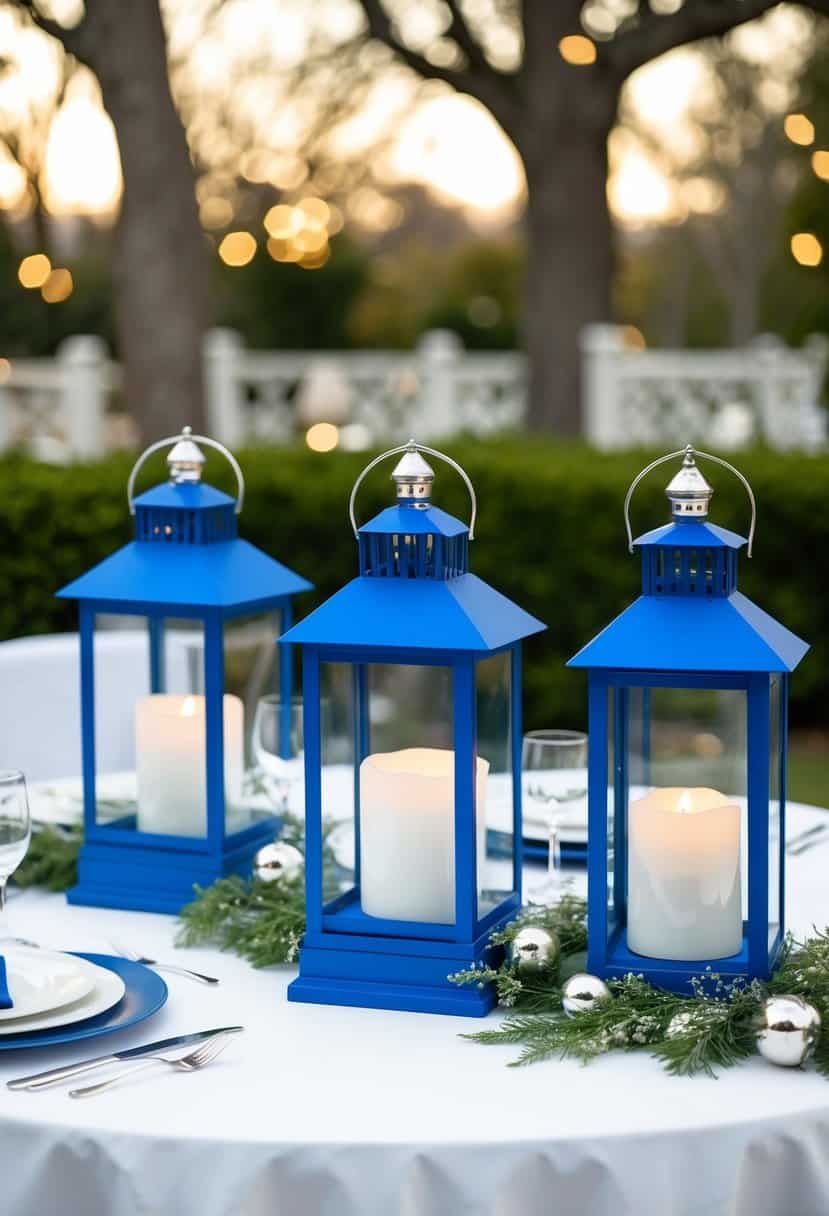 Three Prussian blue lanterns on a white table with greenery and silver accents