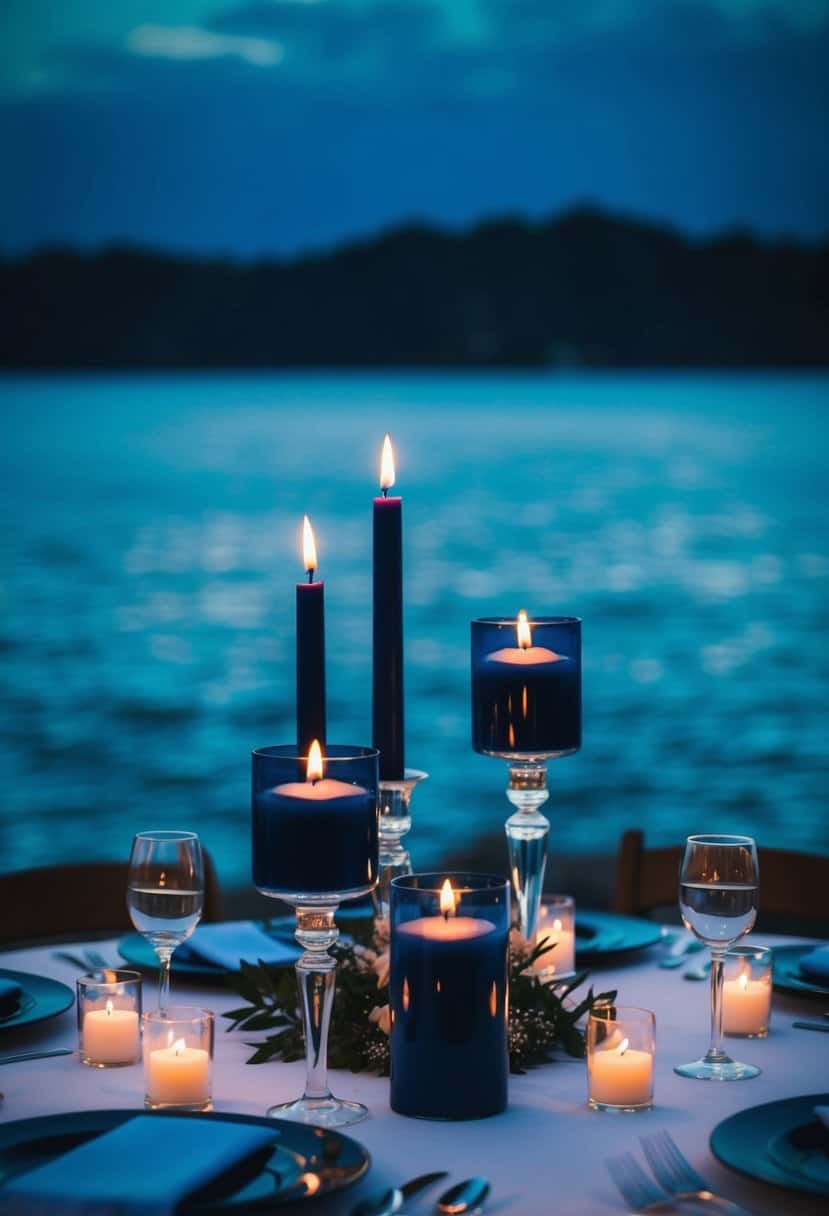 Dark blue floating candles illuminate a wedding table set against an abyss blue backdrop