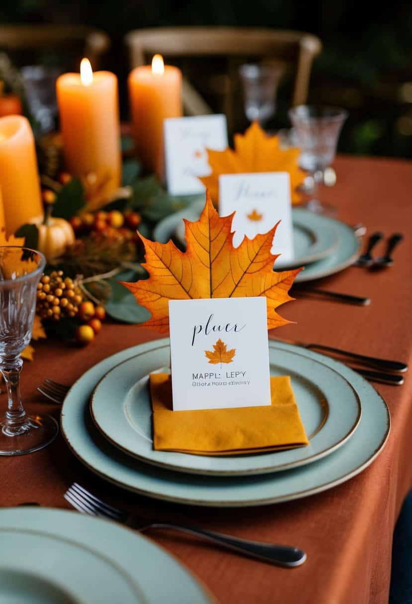 Vibrant maple leaf place cards arranged on a rustic wedding table with autumn foliage and warm candlelight