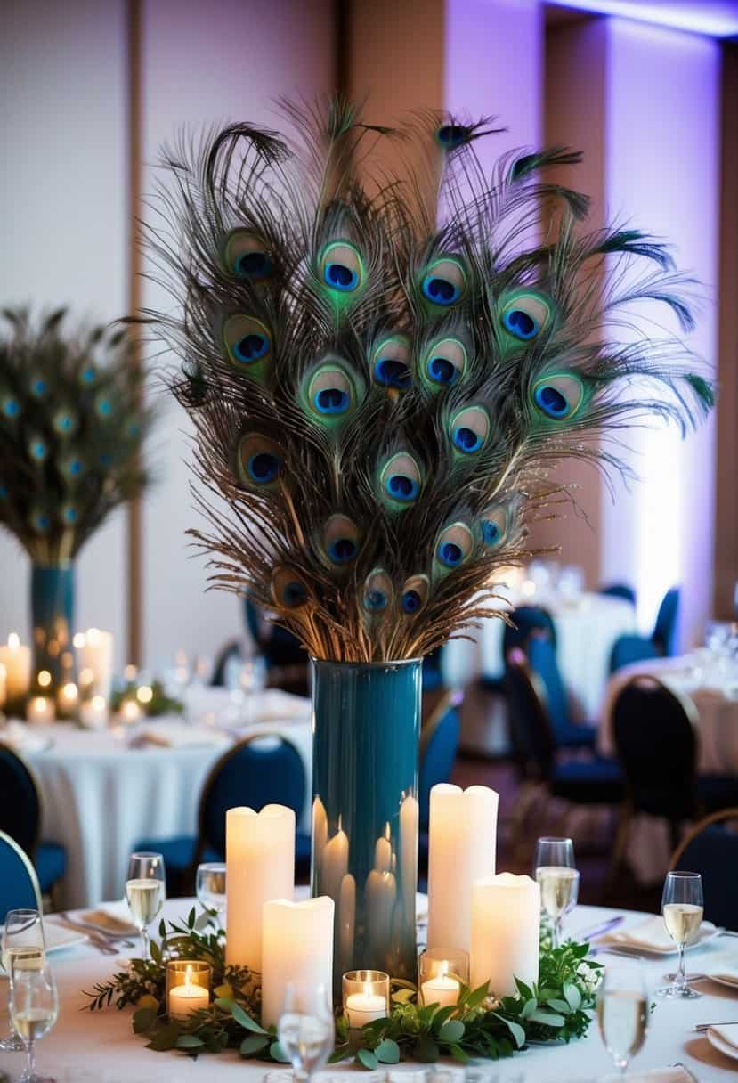 Peacock feathers arranged in a tall vase, surrounded by candles and greenery on a wedding reception table