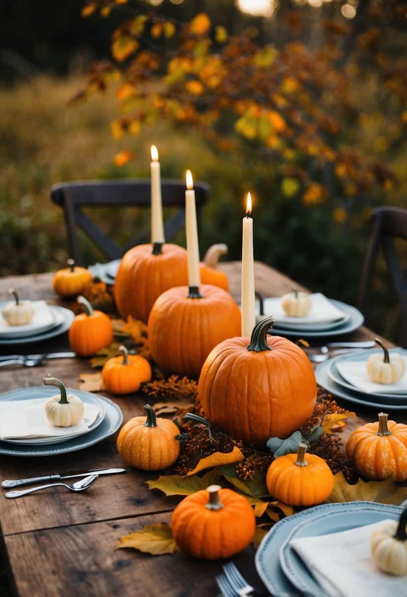 Pumpkin Candle Holders arranged on a rustic wedding table, surrounded by autumn leaves and small pumpkins