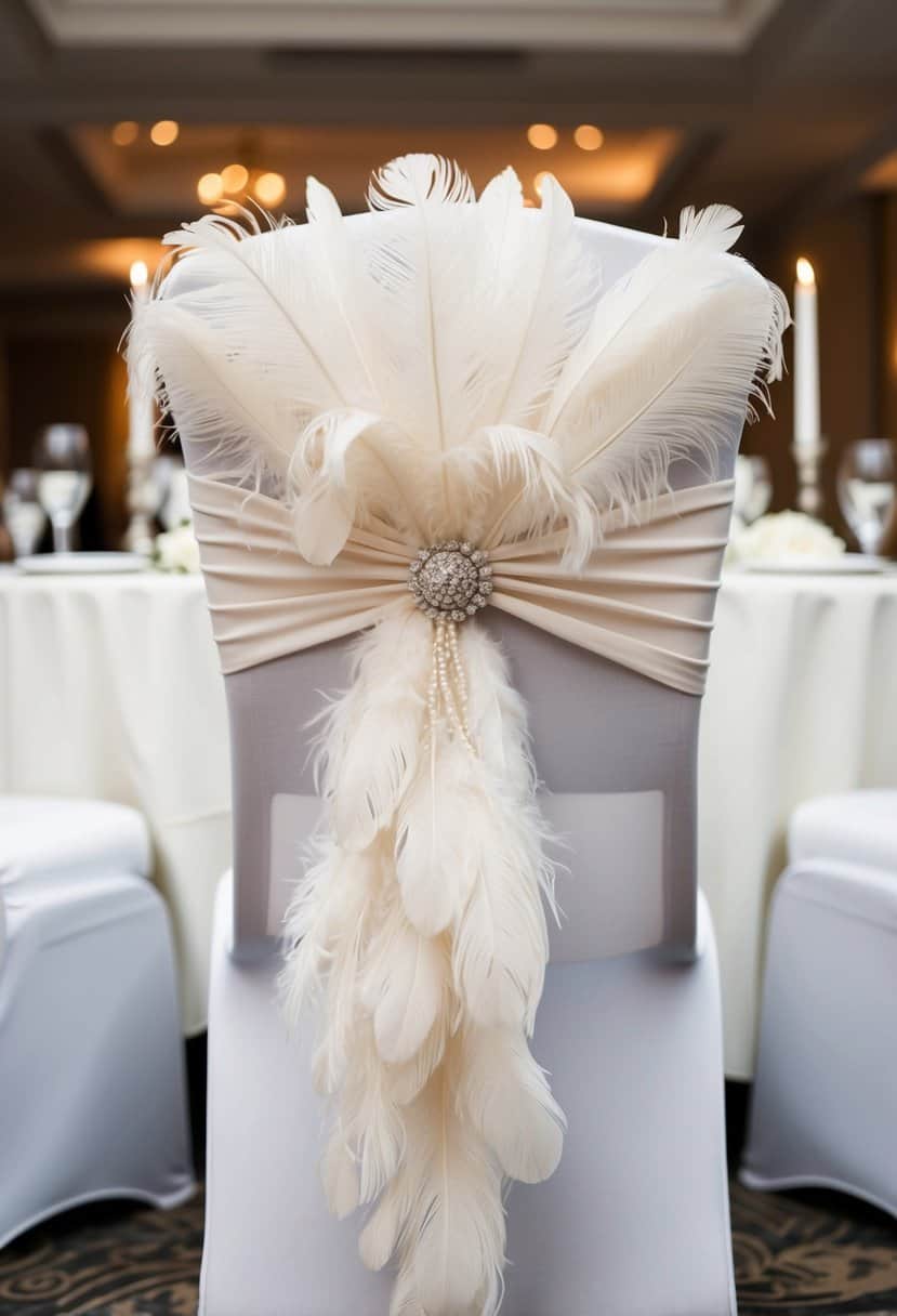 A white feather chair sash draped over a wedding reception table, adding a touch of elegance and whimsy to the decor
