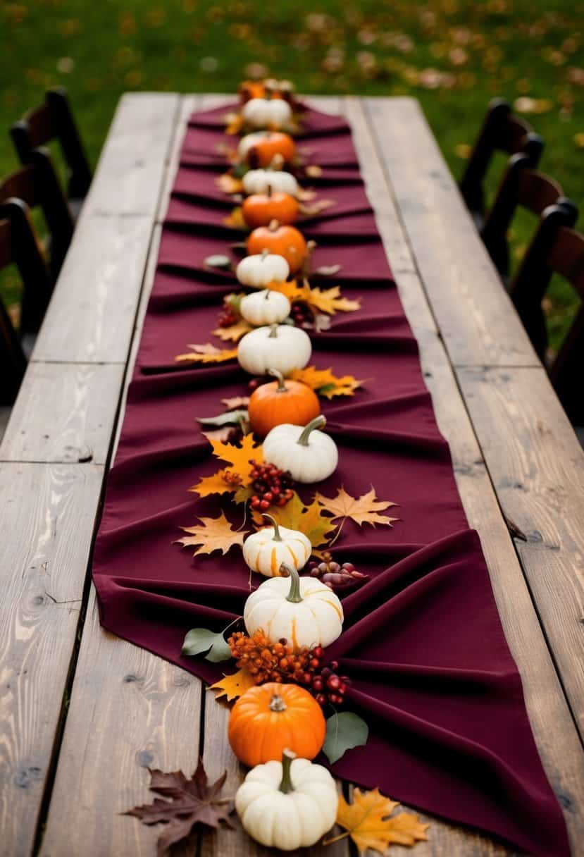 A long burgundy table runner drapes elegantly over a rustic wooden table, adorned with autumn leaves and small pumpkins as wedding decorations