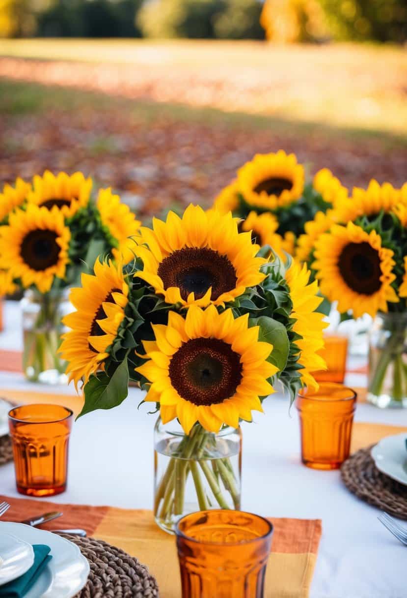 A table set with sunflower centerpieces in vibrant fall colors