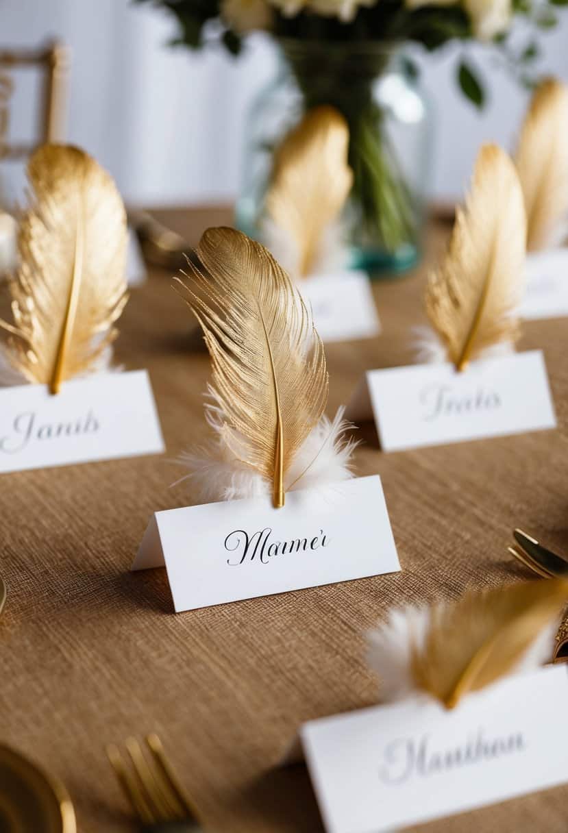 Gold-dipped feathers arranged on elegant name cards for a wedding table decoration