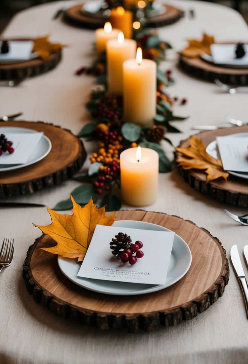 Rustic wood chargers adorned with fall leaves, berries, and candles create an elegant wedding table centerpiece