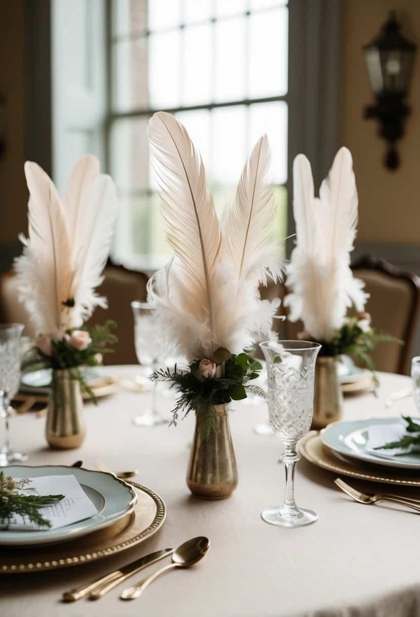 Feather napkin holders arranged on a vintage wedding table, with delicate feathers and elegant details