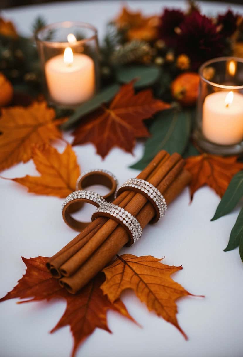 Cinnamon stick napkin rings encircling autumn leaves on a wedding reception table