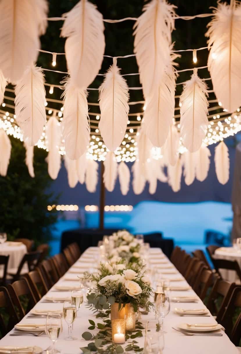 Feather string lights draped over a wedding table, creating a soft and romantic ambiance