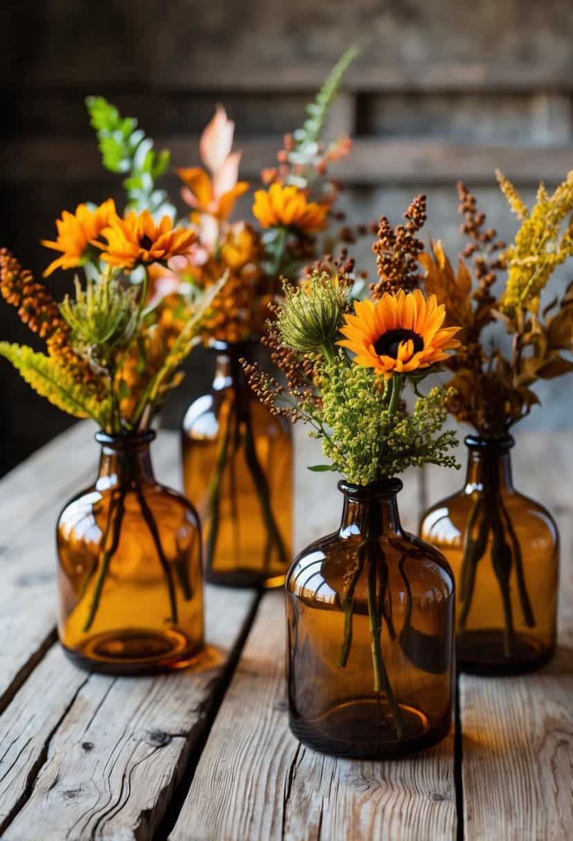 A rustic wooden table adorned with amber glass vases filled with fall-colored flowers and foliage