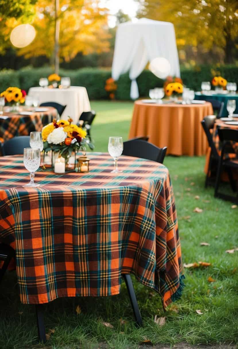 Plaid tablecloths in fall colors cover wedding reception tables