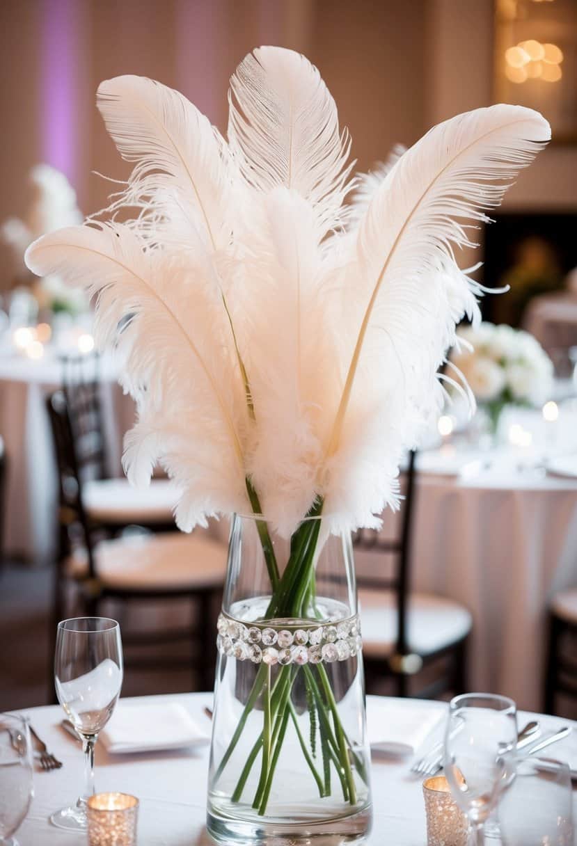 A glass vase filled with delicate feathers and sparkling crystal fillers, creating an elegant wedding table centerpiece