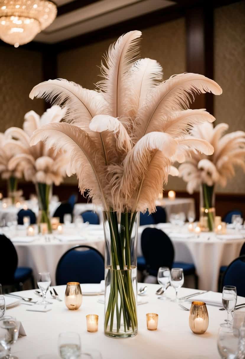 Ostrich feather plumes arranged in tall vases as elegant wedding table decorations