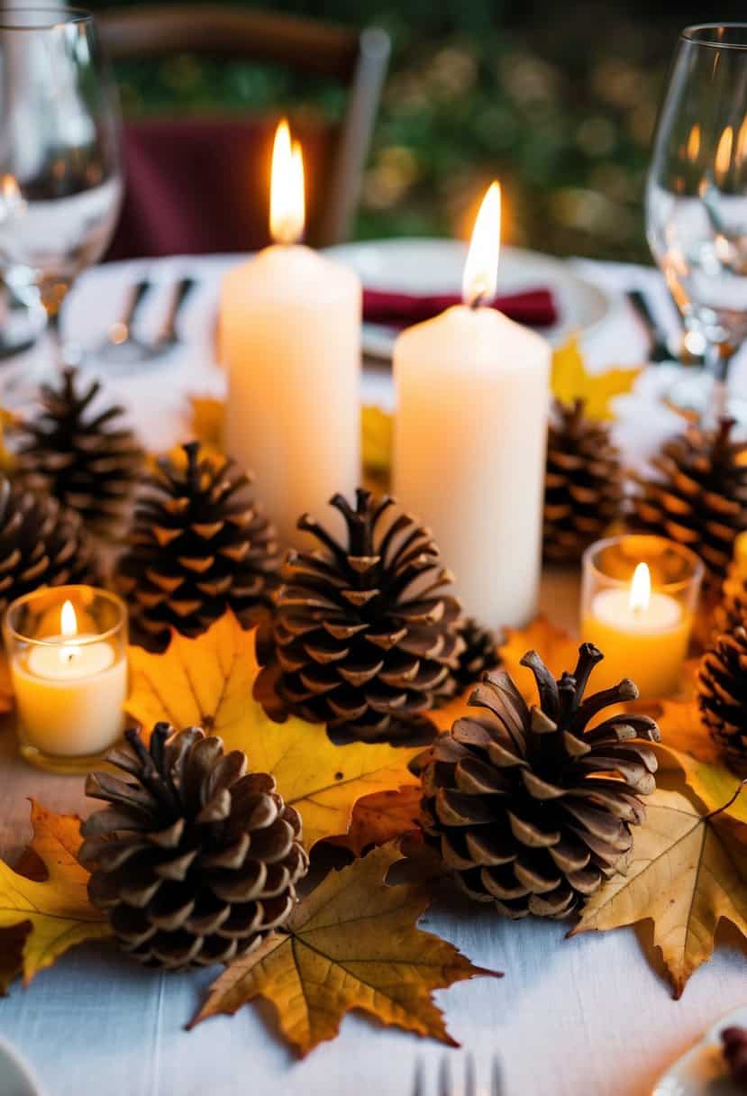 Pinecones scattered among autumn leaves on a wedding table, accented with candles and rustic decor