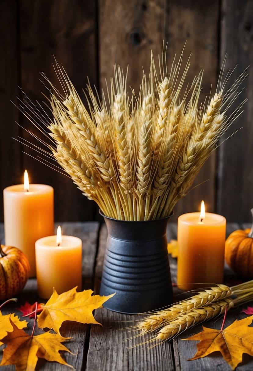 Golden wheat bundles arranged on rustic wooden table with autumn leaves and candles