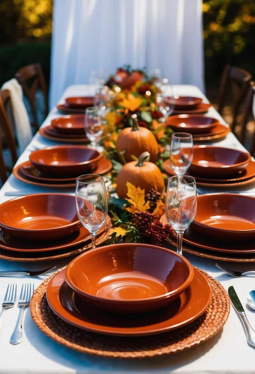 Terracotta pottery dishes arranged with fall foliage on a wedding table