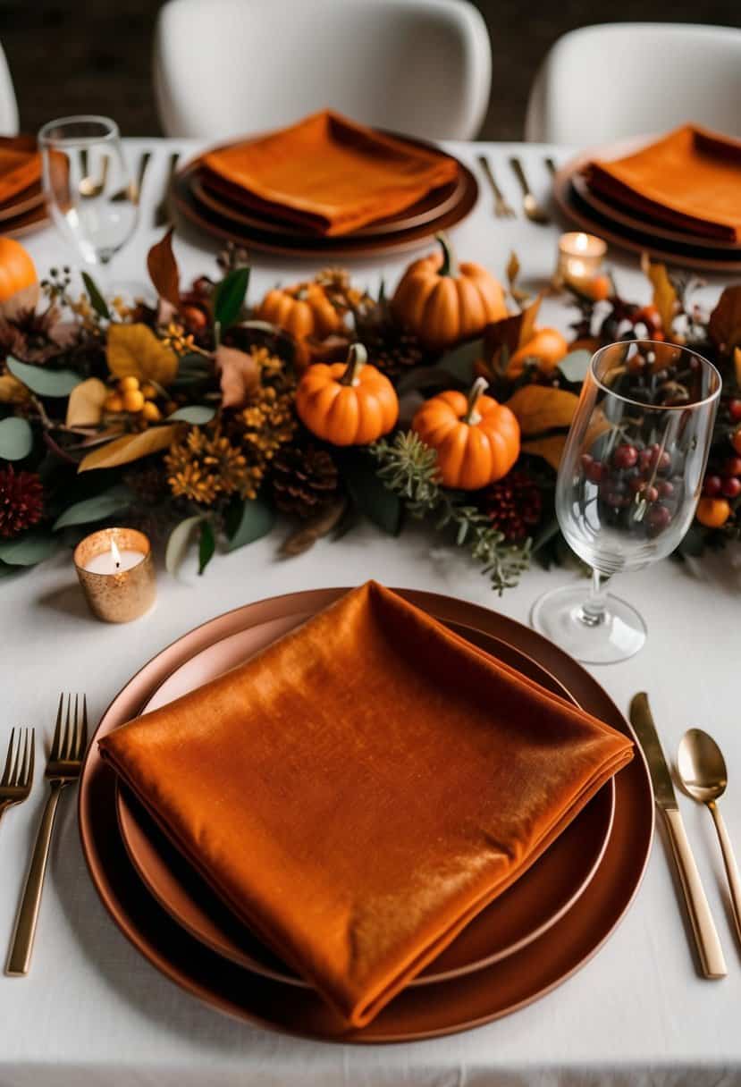 A table set with rich orange velvet napkins, adorned with fall foliage and rustic decor for a wedding celebration