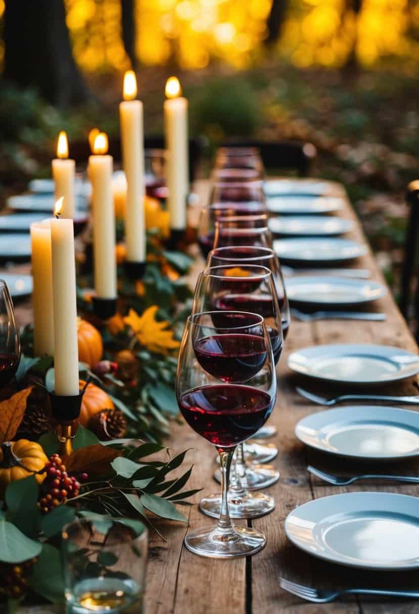 Maroon wine glasses arranged on a rustic wedding table, surrounded by fall foliage and golden candlelight