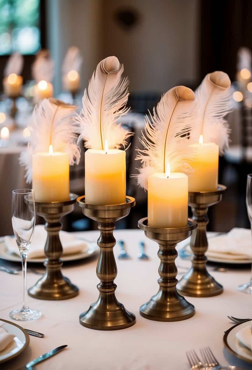 Candle holders adorned with delicate feather designs, arranged as elegant wedding table decorations