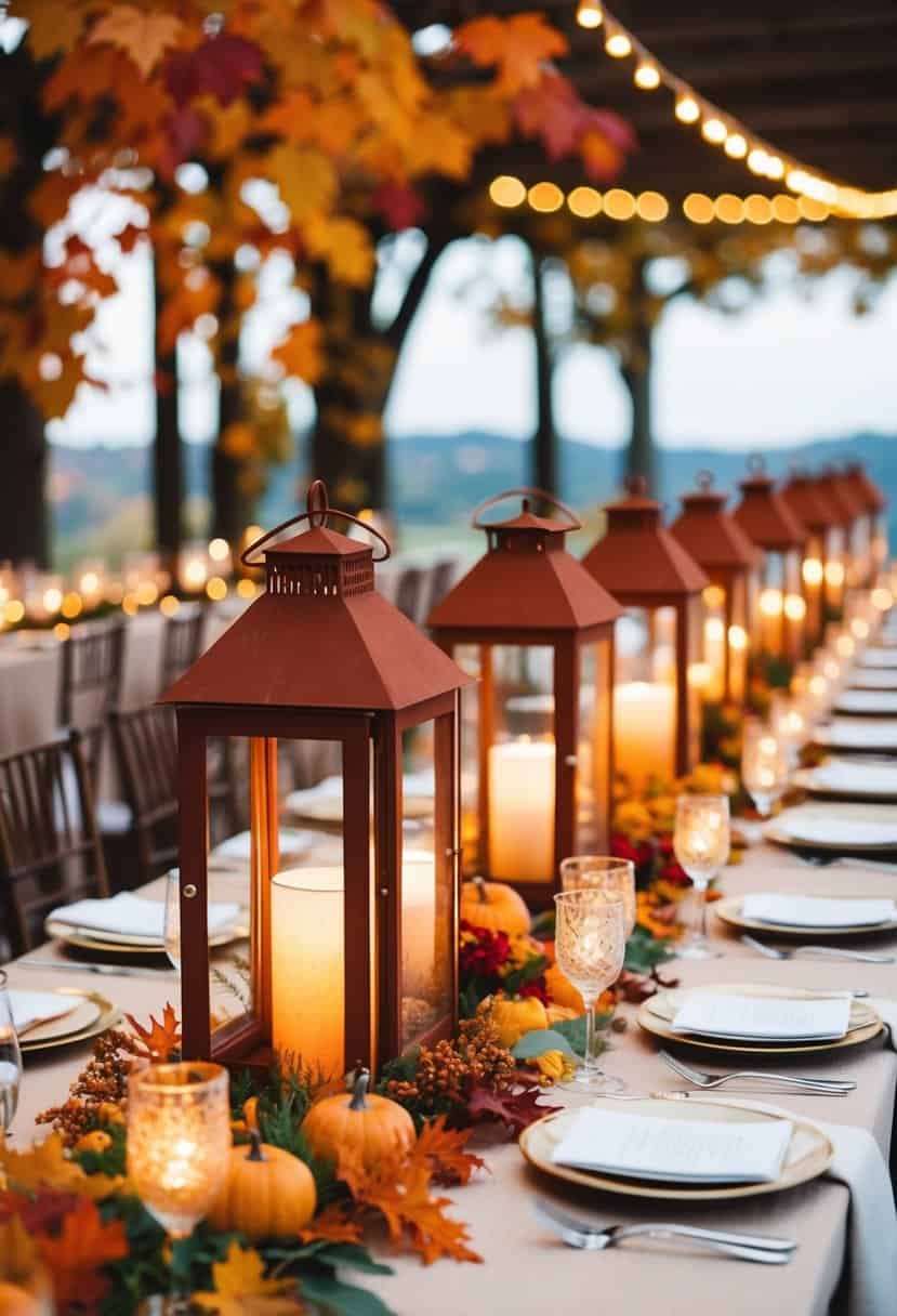 Rust-colored lanterns illuminate an autumn wedding table, surrounded by vibrant fall foliage and accented with golden accents