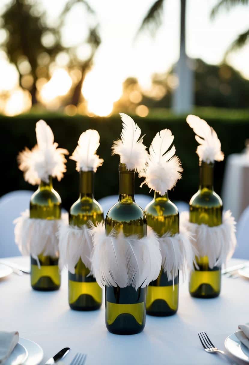 Feather-covered wine bottles arranged as wedding table decorations