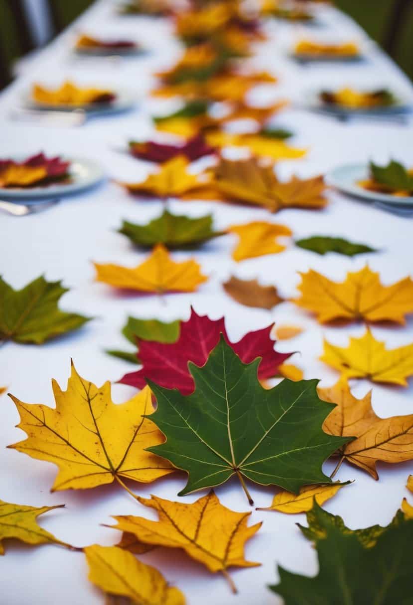 Colorful oak leaves scattered on a wedding table, creating a confetti-like decoration