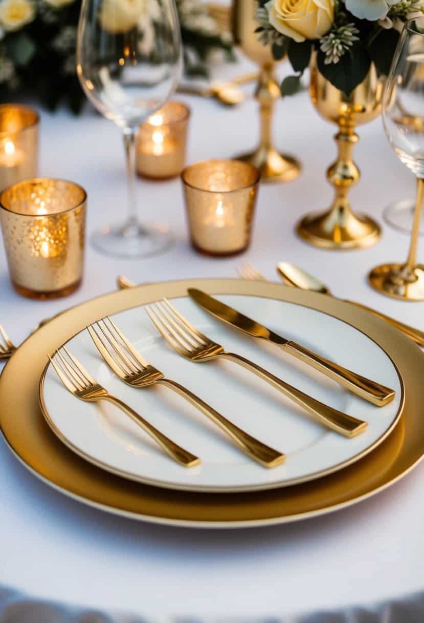 A gold cutlery set arranged elegantly on a table with matching gold-themed wedding decorations