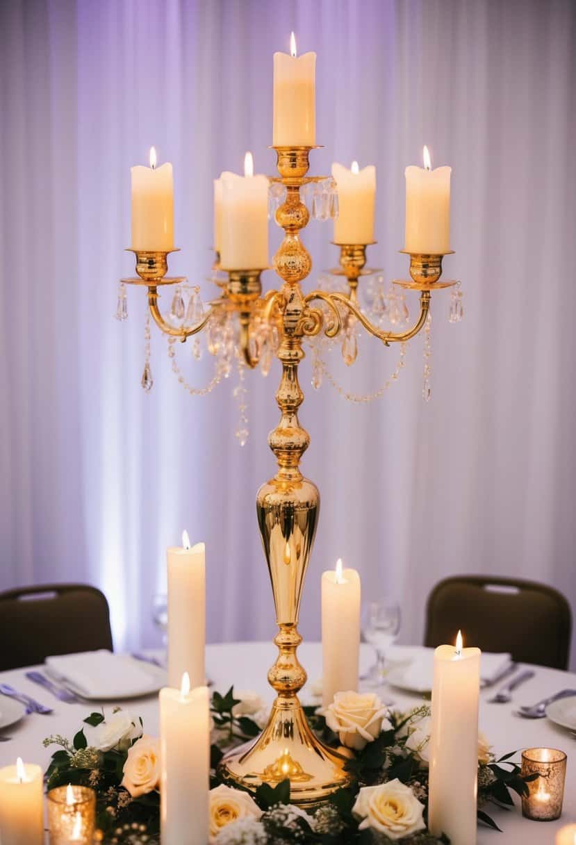 A glistening gold candelabra centerpiece stands tall on a white table, surrounded by delicate flowers and flickering candles, creating an elegant wedding decoration