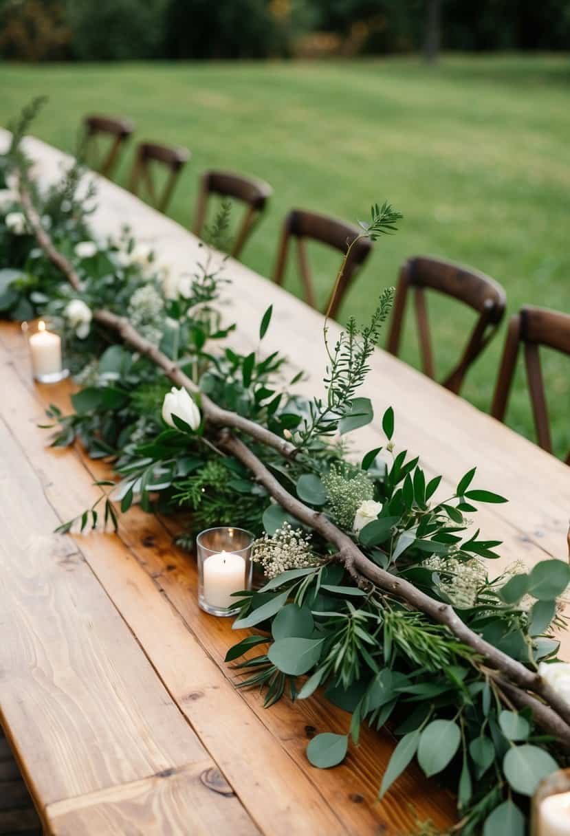 A wooden table adorned with rustic branches and greenery, creating a natural and elegant wedding centerpiece