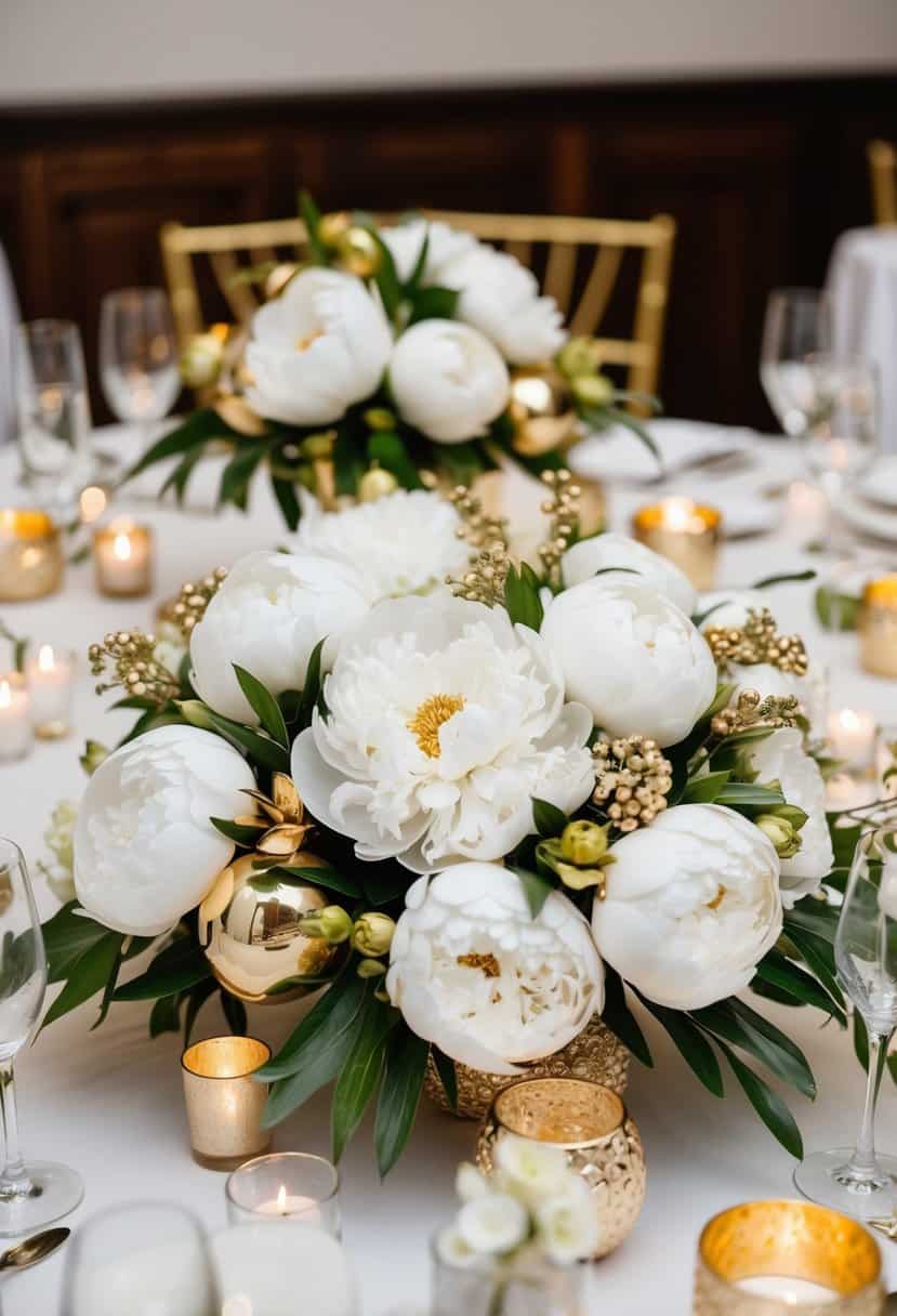 A lavish centerpiece of white peonies and gold accents adorns a wedding table, exuding elegance and sophistication