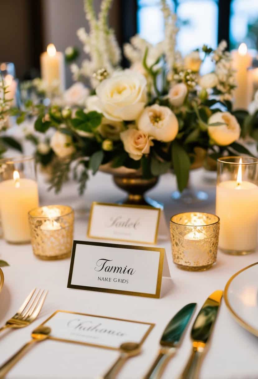 A table set with elegant gold and white name cards, surrounded by delicate floral arrangements and glowing candles
