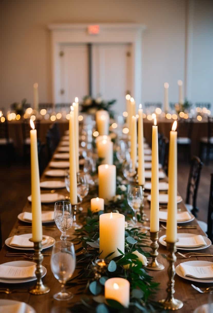 A long wooden table adorned with ivory taper candles in various heights, casting a warm glow over the family-style wedding reception
