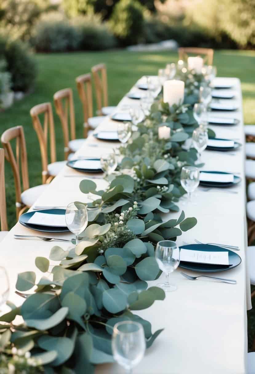 A long head table adorned with elegant eucalyptus garlands, creating a chic and natural wedding decoration