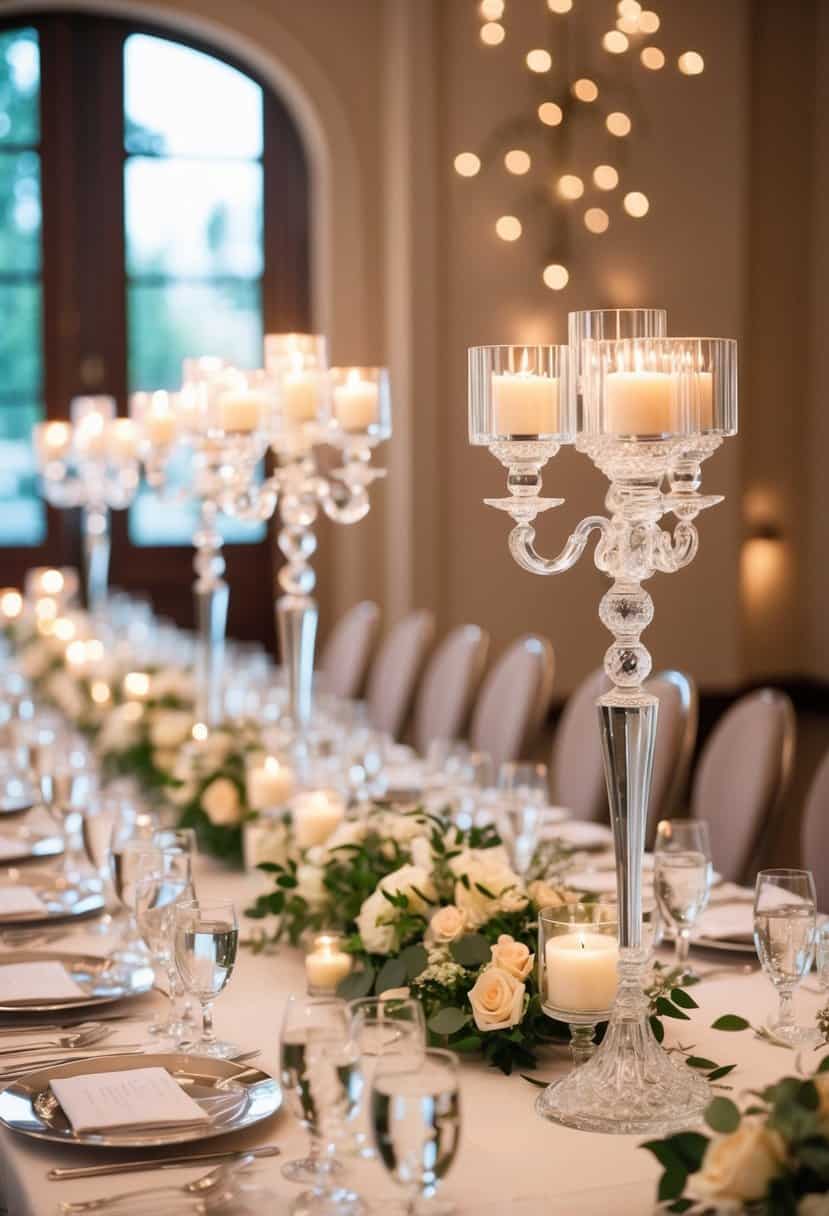 A grand head table adorned with elegant crystal candle holders for a wedding celebration