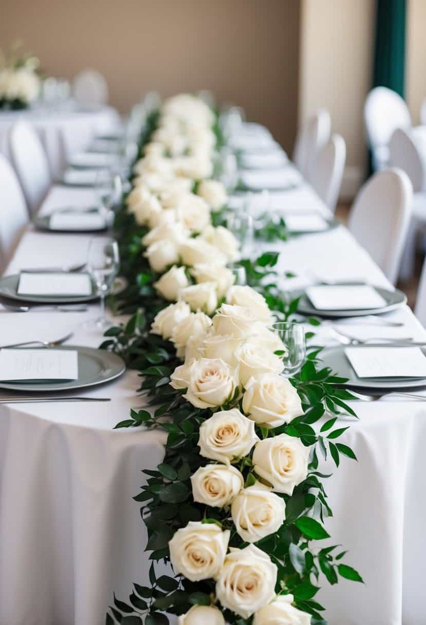 An elegant ivory rose garland drapes across a wedding table, adding a touch of romance and beauty to the decor