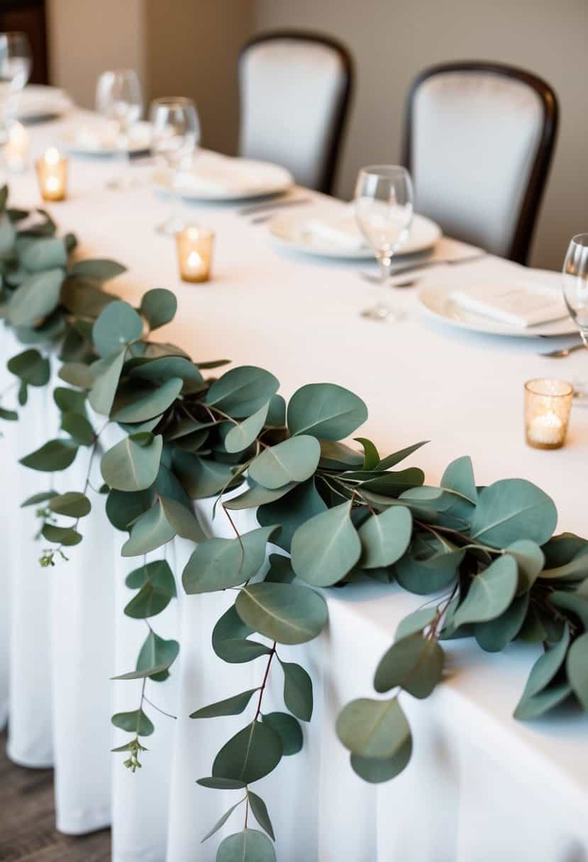 A eucalyptus leaf garland drapes elegantly across a wedding table, adding a touch of natural beauty to the decor