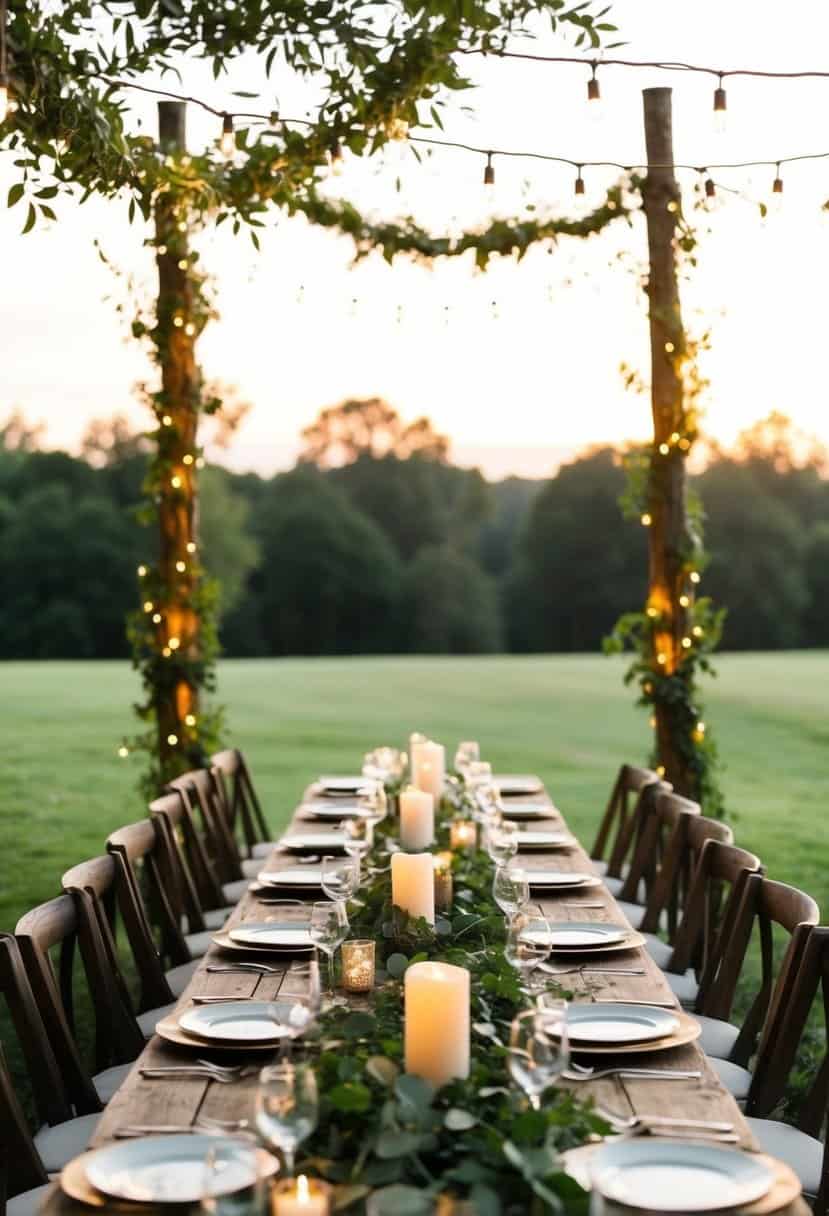 A long vine garland with string lights drapes across a rustic wedding table, creating a warm and romantic atmosphere