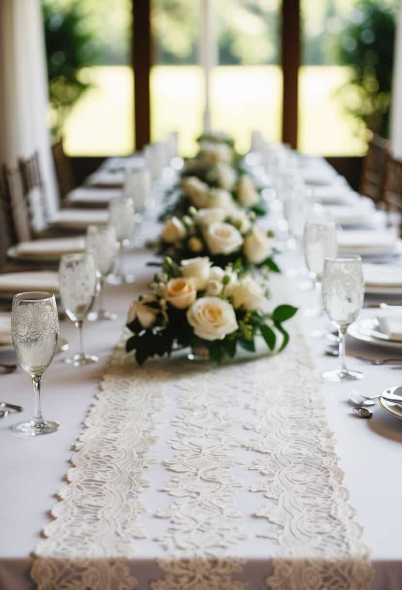 A long, delicate lace runner adorns the head table at a wedding, adding a romantic and elegant touch to the decor