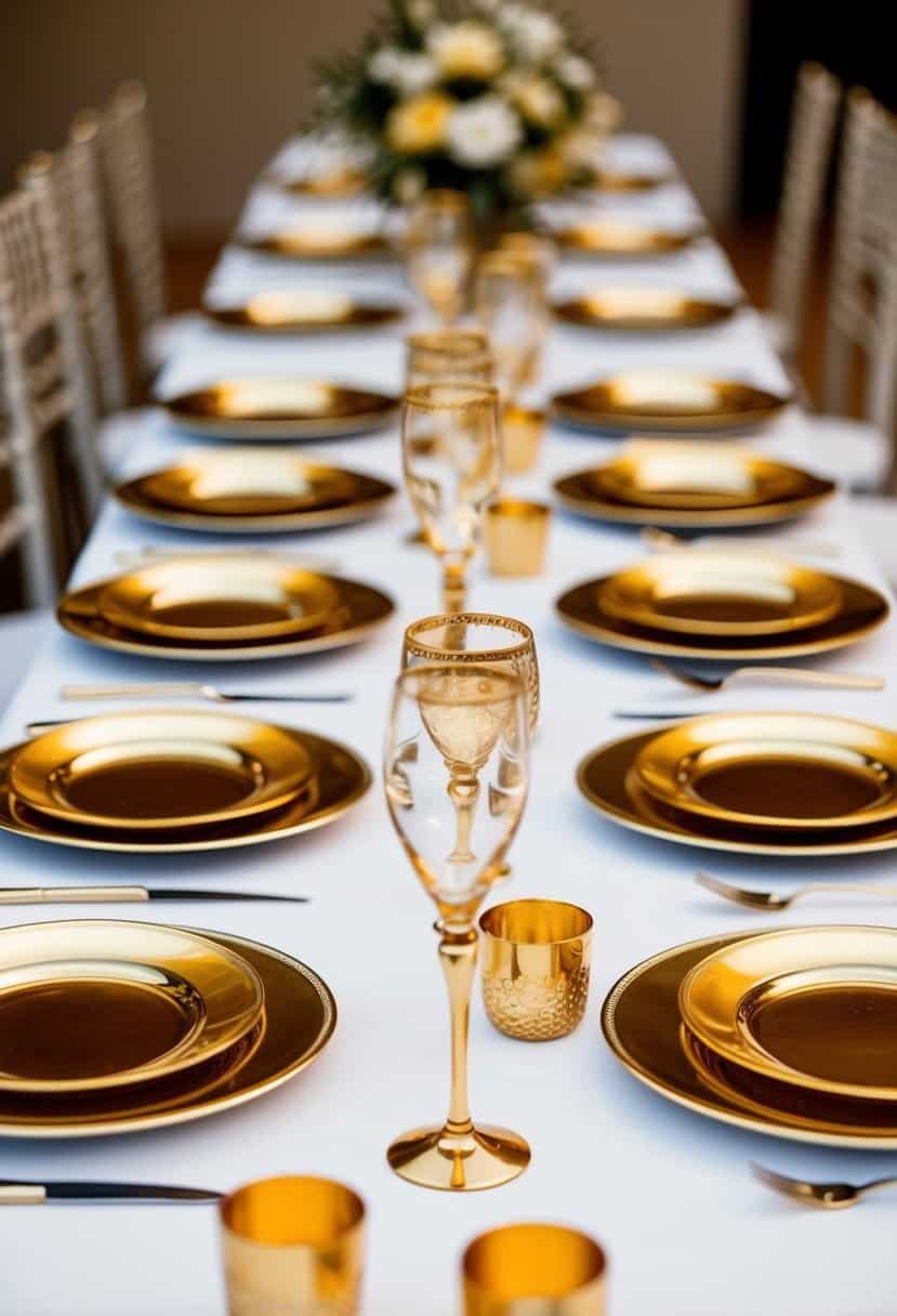 Gold-rimmed glassware arranged in a decorative set on a wedding head table