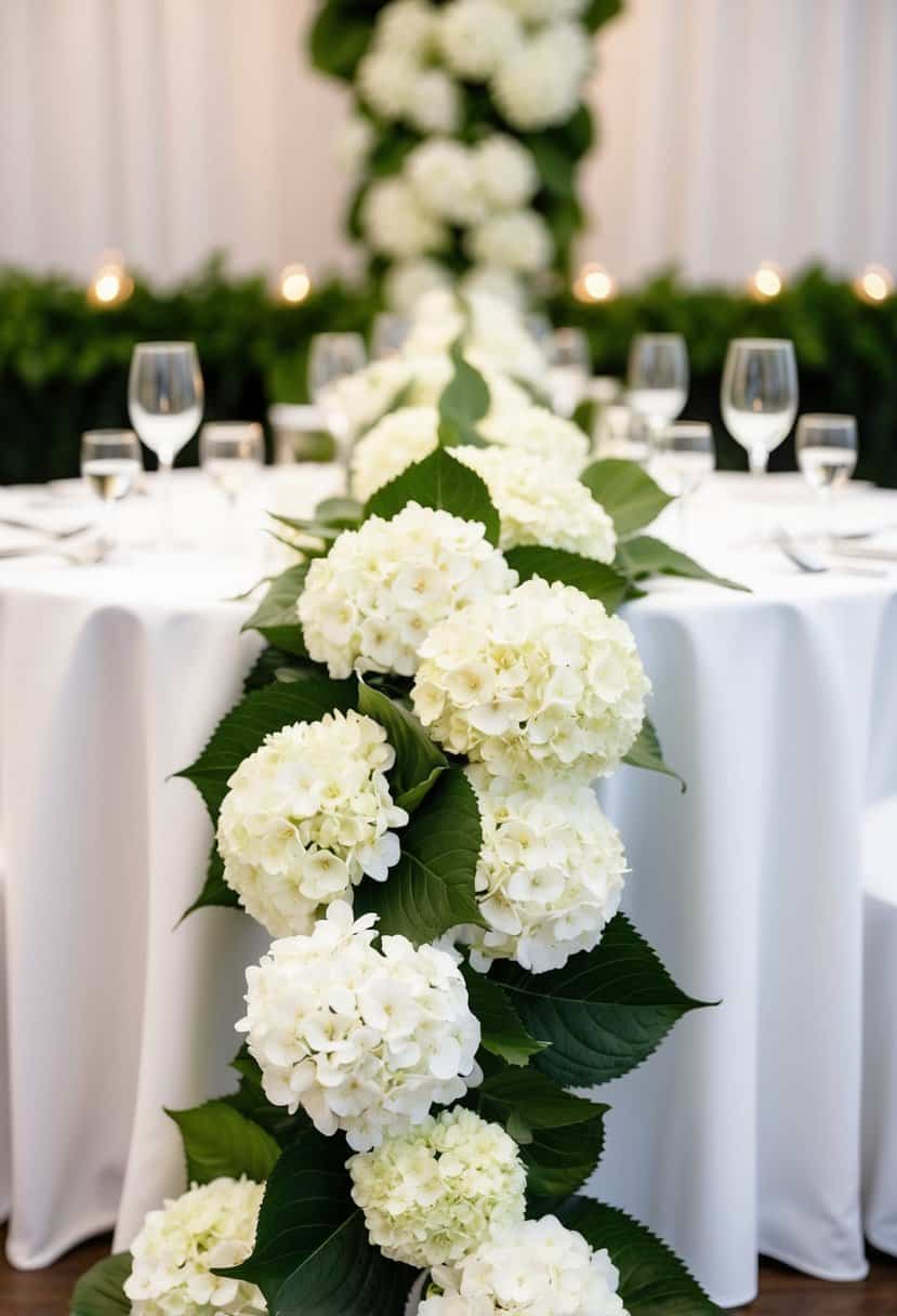 A white hydrangea garland drapes elegantly across a wedding reception table, creating a romantic and enchanting atmosphere