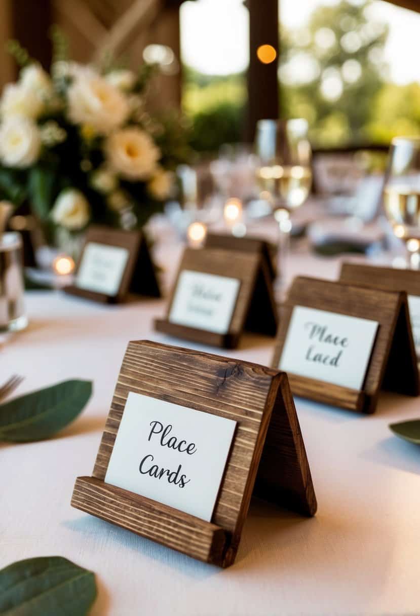 Rustic wooden place card holders arranged on a head table for a wedding, adding a charming and natural touch to the decoration