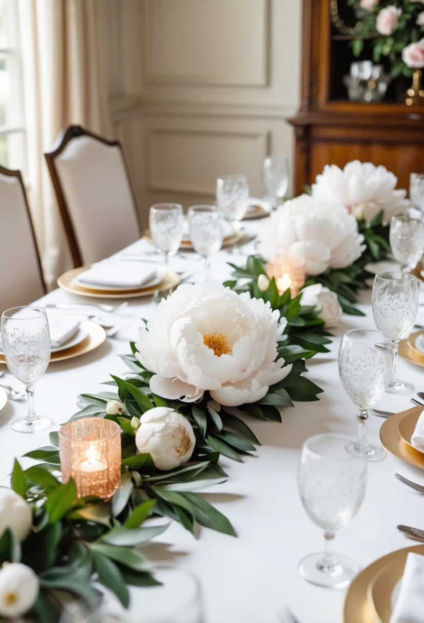 A table adorned with a Silk Peony Garland, surrounded by elegant wedding decorations