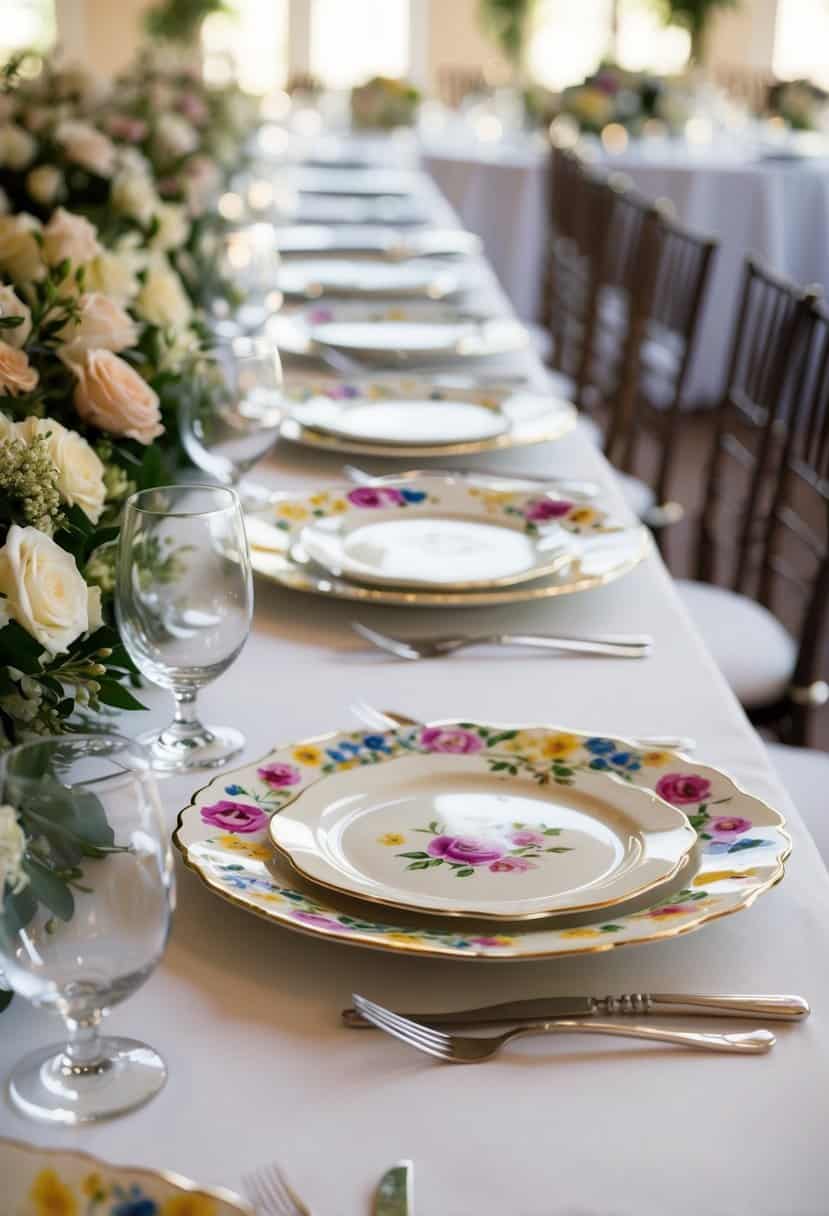 Lavish hand-painted floral plates adorn the head table at a wedding, creating a stunning and elegant table decoration