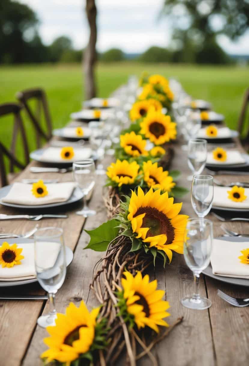 A sunflower twig garland adorns a rustic wedding table, adding a touch of natural elegance to the decor