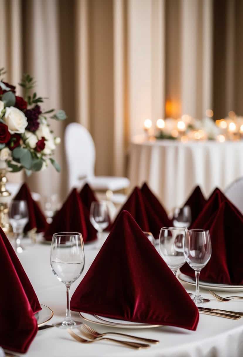 A grand wedding table adorned with deep red velvet napkins, adding a touch of luxury to the elegant head table