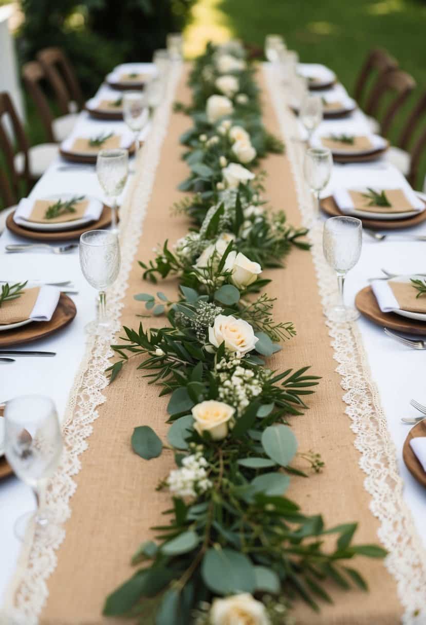A rustic wedding table adorned with burlap and lace garland, intertwined with greenery and delicate flowers